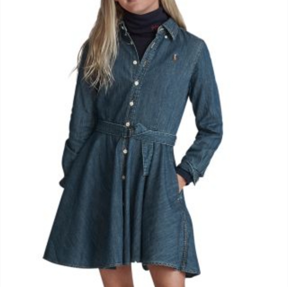 Polo Ralph Lauren Denim Shirt Dress Girls Kids Fit And Flare Circle Size 10